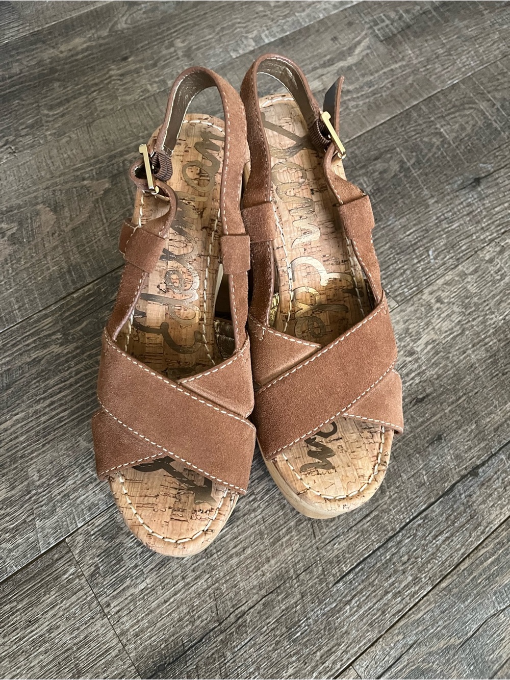 Sam Edelman Brown Suede Crisscross Slingback Wood Heels